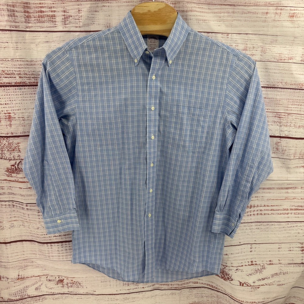Brooks Brothers Madison Shirt Mens Medium Blue Plaid Supima Cotton 15.5-32